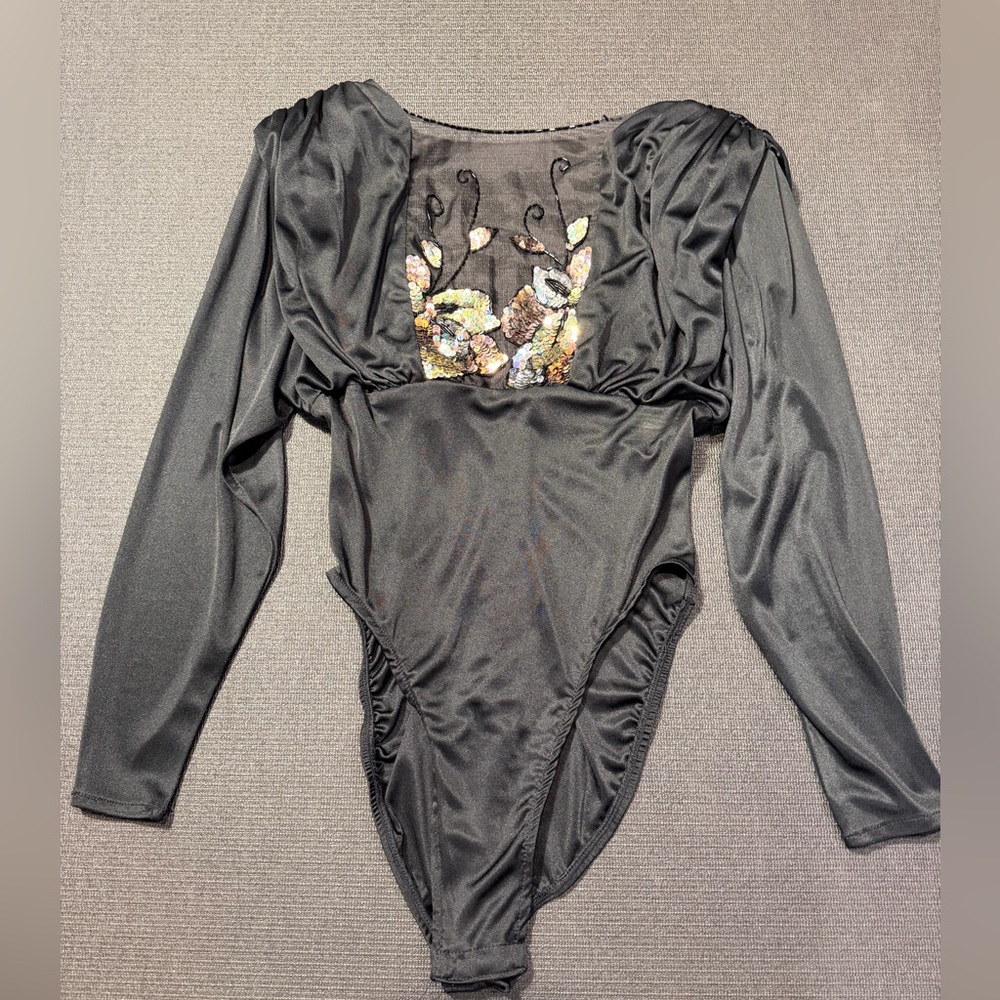 Vintage 80s Dovizia by Jane McCartney Black Embellished Bodysuit Hi Cut